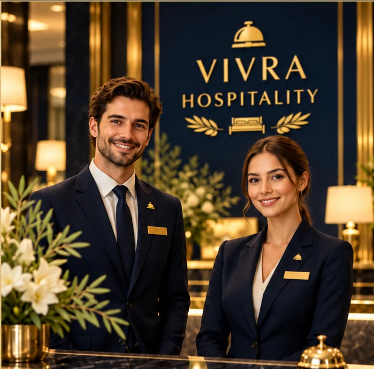 Illustration de l’accueil Vivra Hospitality : une réceptionniste et un réceptionniste élégants dans un hôtel haut de gamme, aux couleurs bleu nuit et or.